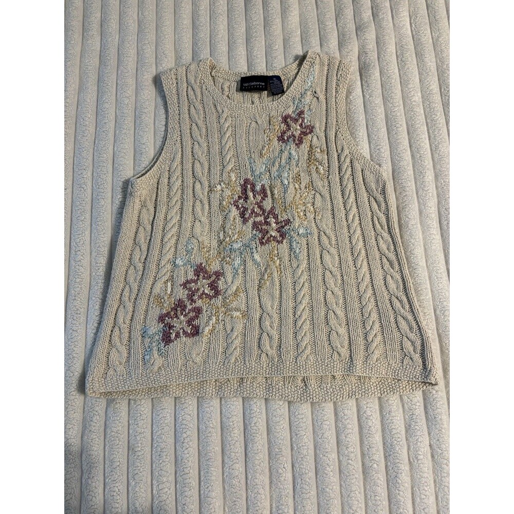 Liz Claiborne Liz Sport Tan Floral Sleeveless Sweater Vest Women XL Grandmacore